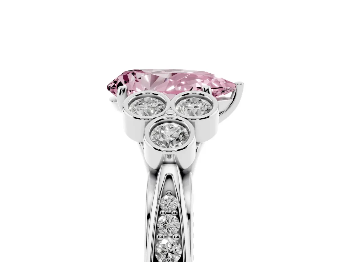 Fancy Pink Pear Cut Cut Diamond Engagement Ring with Bezel Set Round Side Stones and Prong Setting Silver