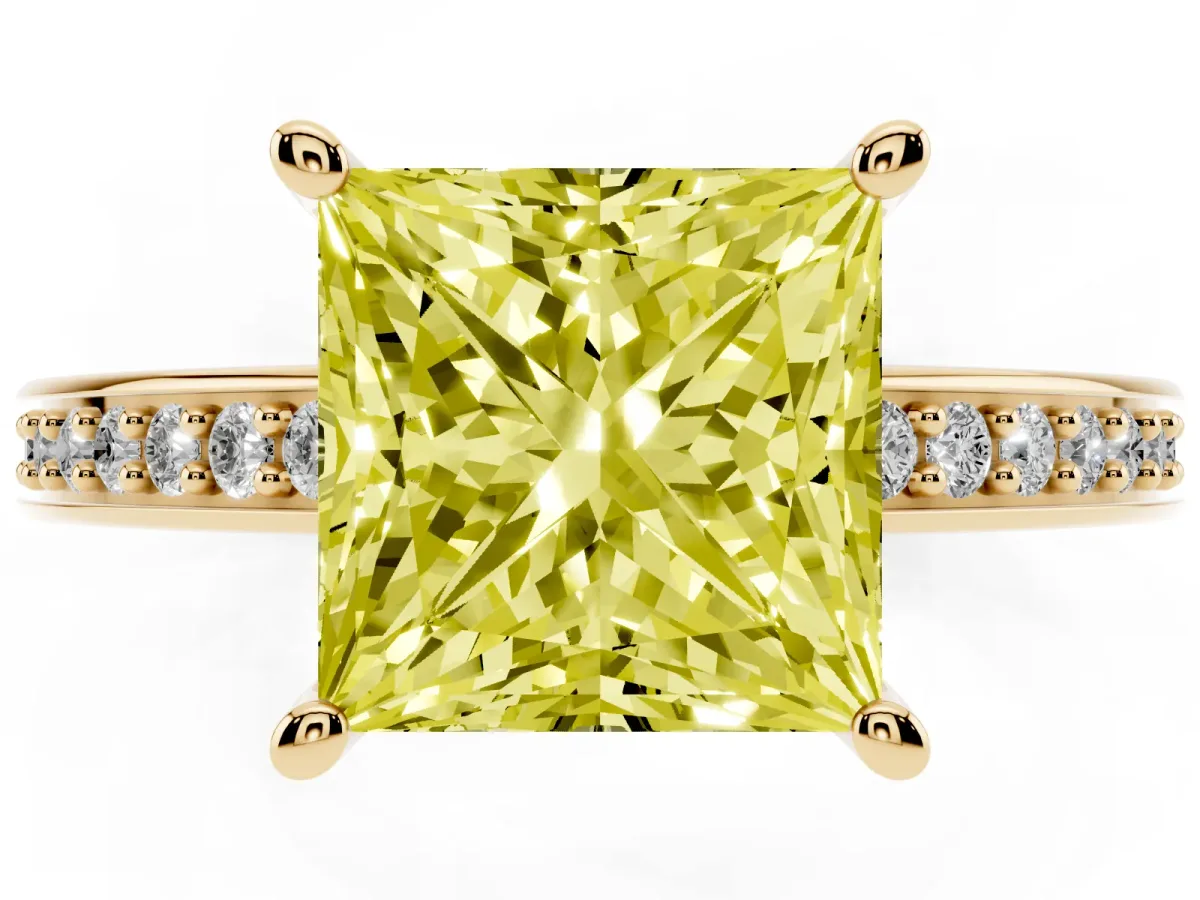 Fancy Yellow Princess Cut Solitaire Pavé Band Prong Setting Ring Yellow gold