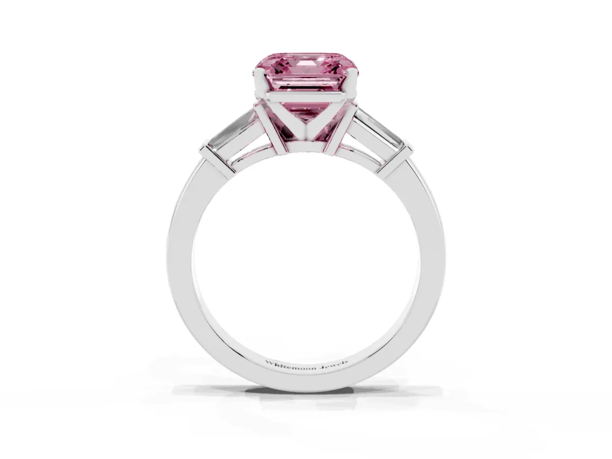 Fancy Pink Asscher Cut Cut Diamond Solitaire Ring with Tapered Baguette Accents and Four-Prong Setting Platinum