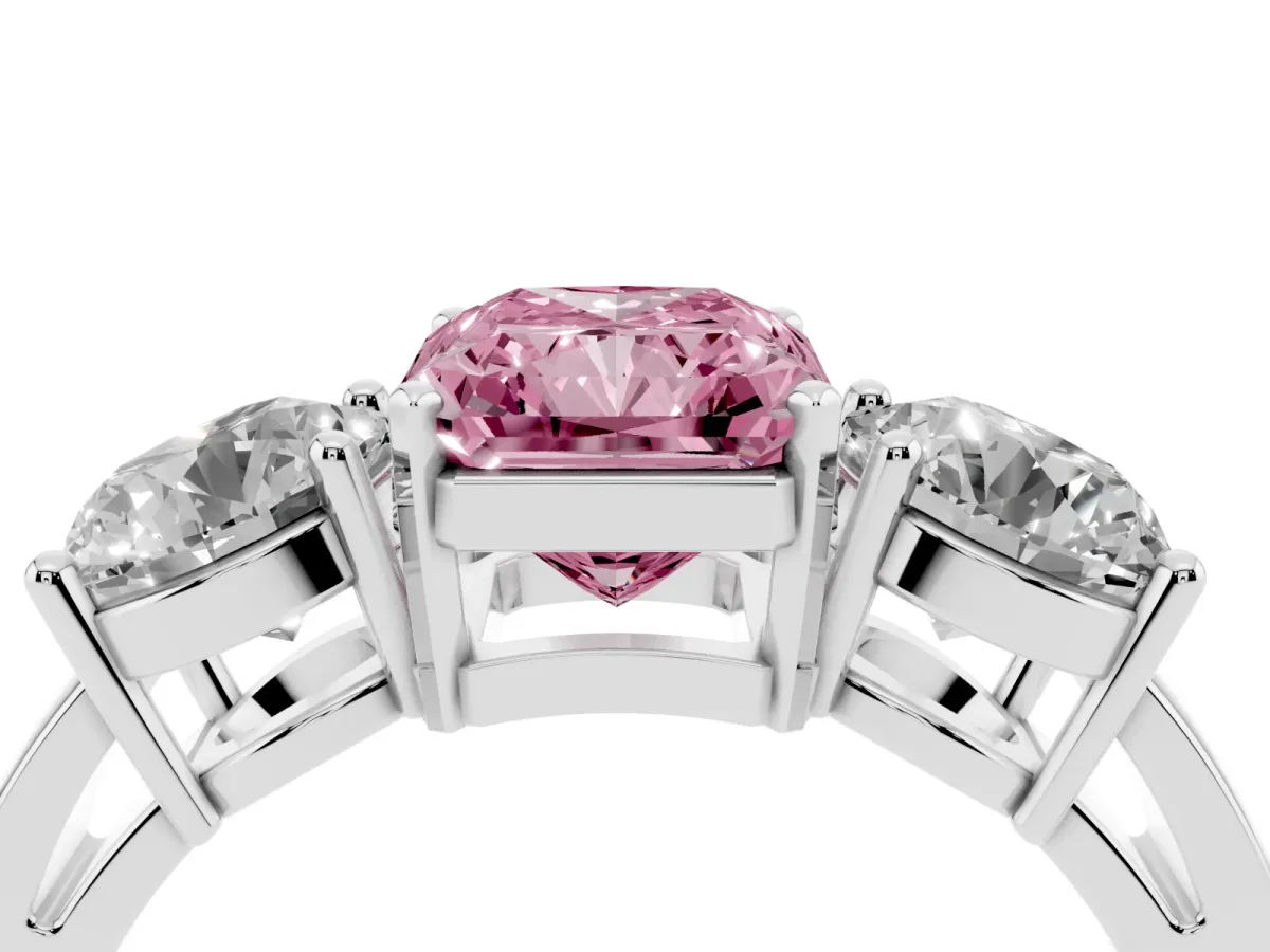 Fancy Pink Three-Stone Radiant Cut Diamond Ring with Round Side Stones, Classic Band, and Four-Prong Setting Silver