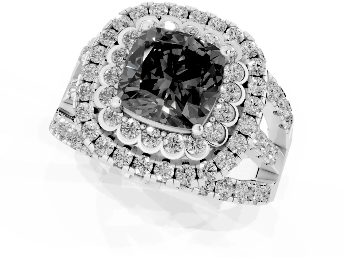 Fancy Black Cushion Cut Diamond Double Halo Ring with Round Pavé Split Shank and Prong Setting Silver