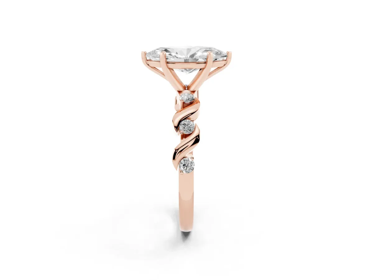 Marquise Cut Diamond Solitaire Twisted Band with Round Accents and Prong Setting Rose gold