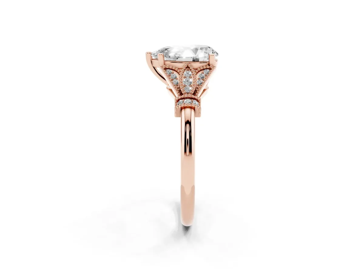 Pear Cut Diamond Solitaire Ring with Floral Filigree and Pave Accents Rose gold