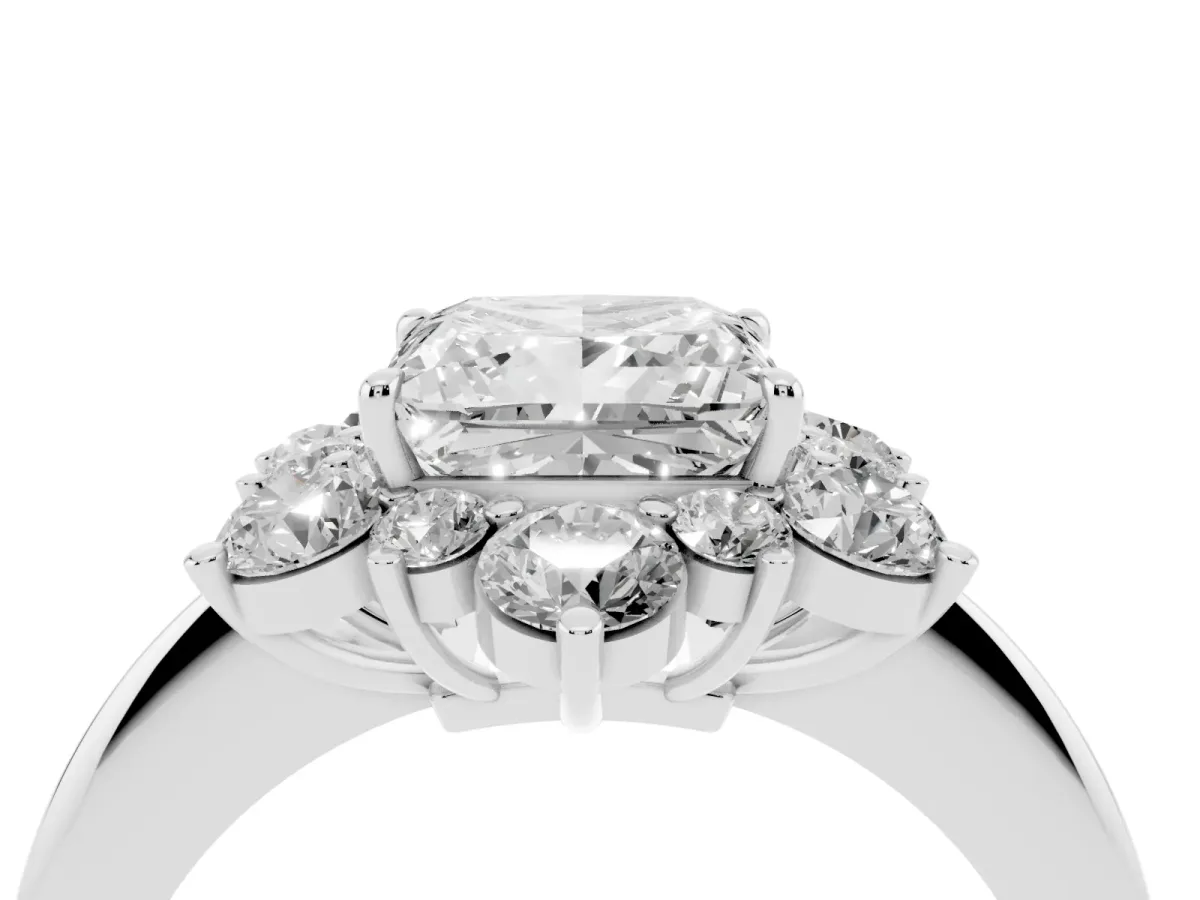 Princess Cut Diamond Cluster Halo Ring with Solitaire Band and Four-Prong Setting Silver