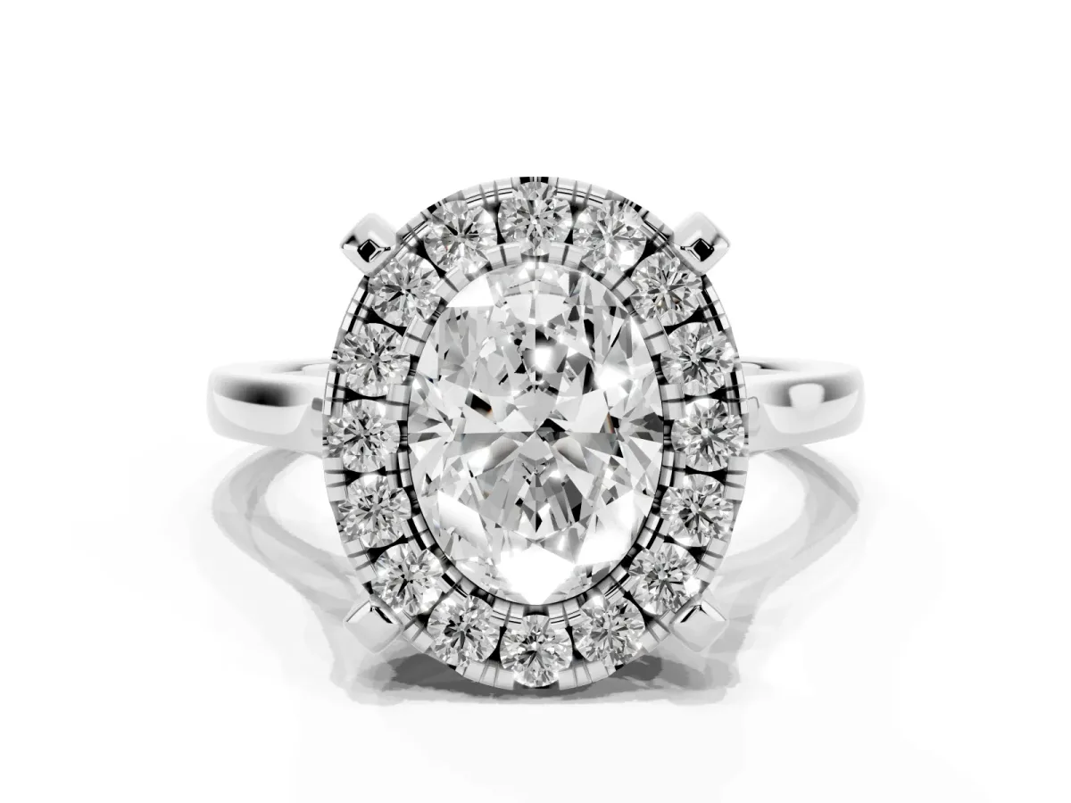 Oval Cut Diamond Cluster Halo Solitaire with Four-Prong Setting Silver