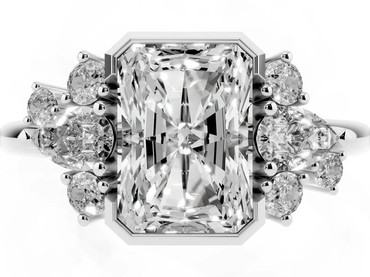 Radiant Diamond Engagement Ring with Pear and Round Side Stones Platinum