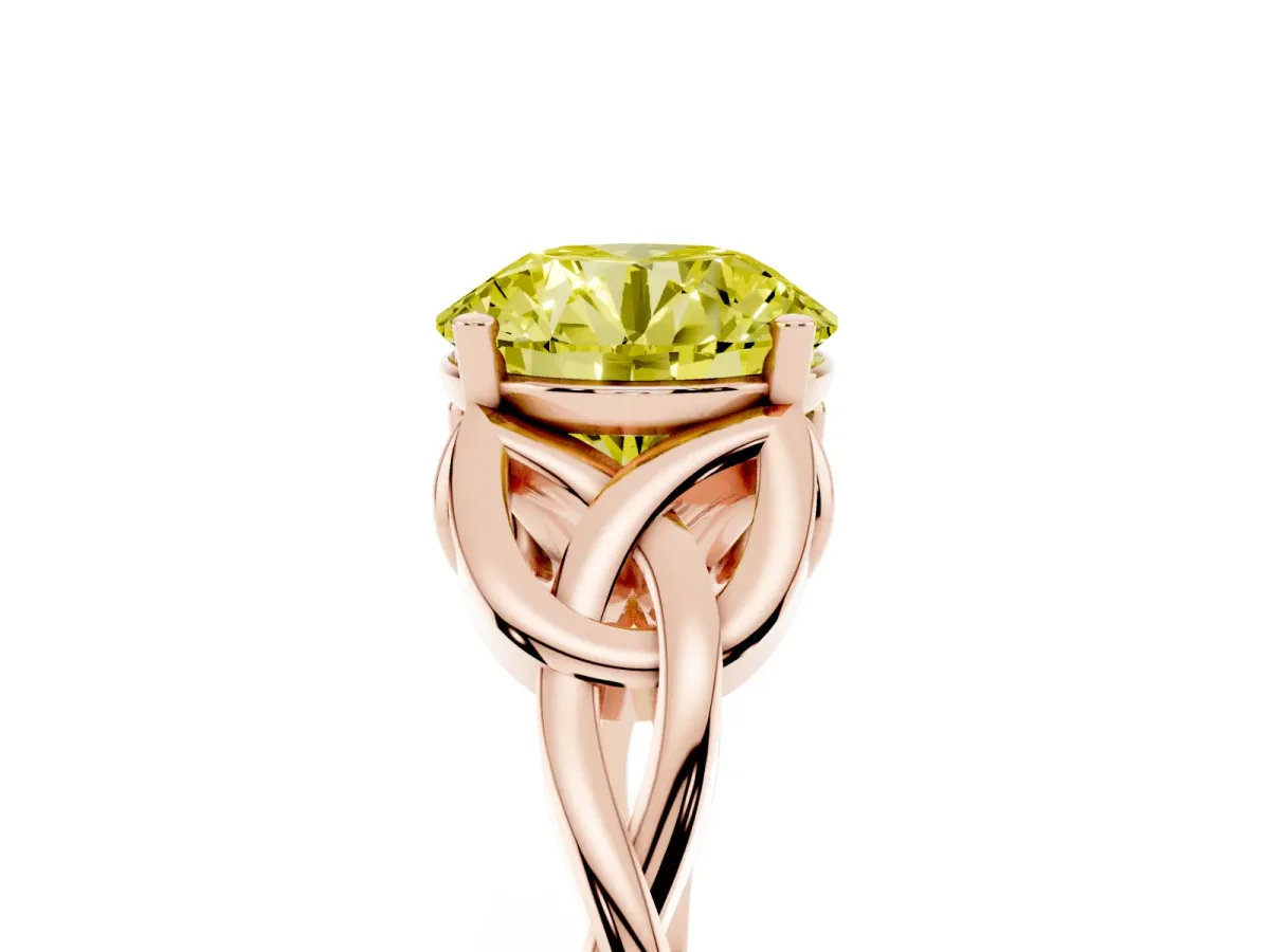 Fancy Yellow Round Cut Diamond Solitaire Engagement Ring with Celtic Knot Band and Four-Prong Setting Rose gold