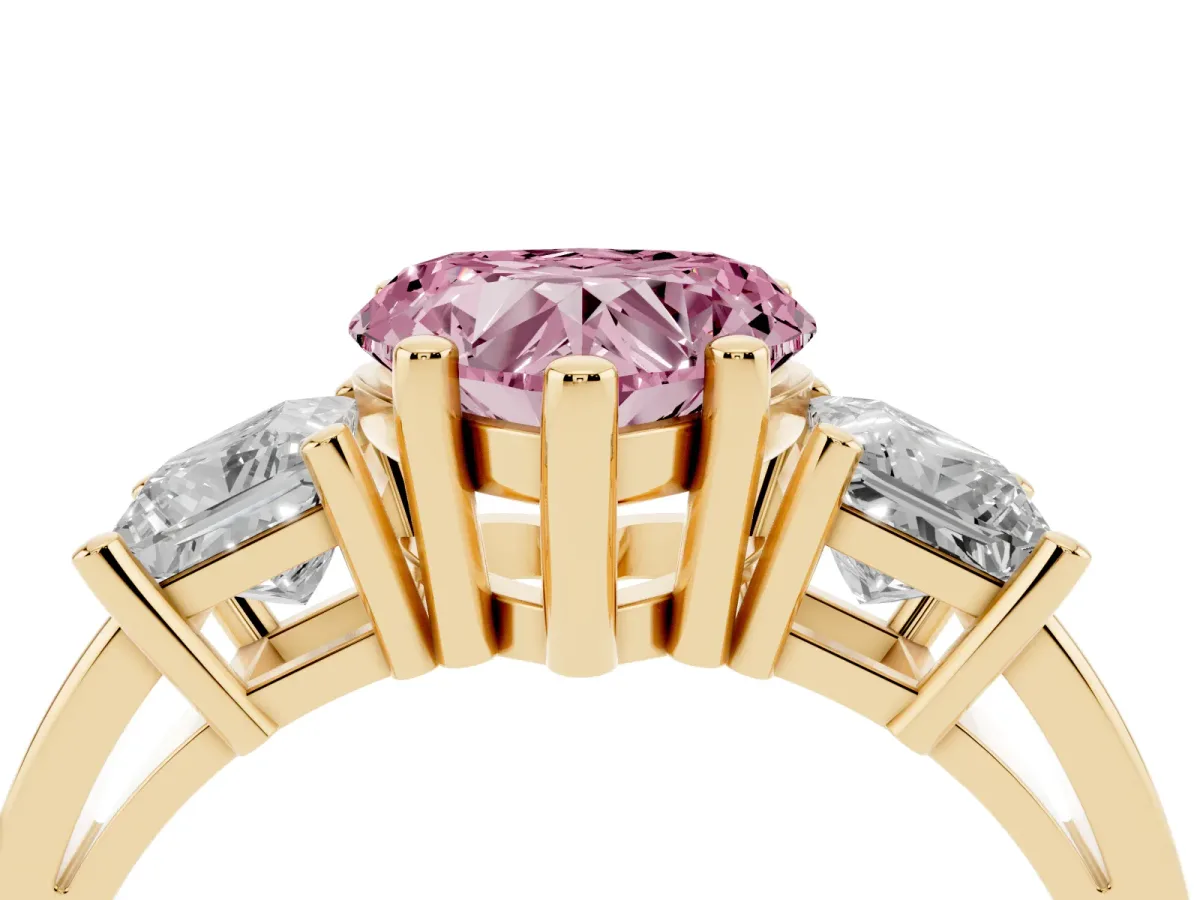 Fancy Pink Three-Stone Heart Cut Cut Solitaire Ring with Prong Setting Yellow gold