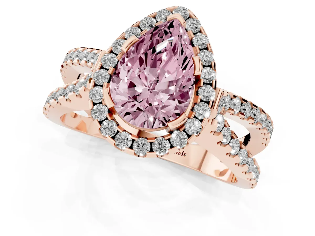 Fancy Pink Pear Cut Diamond Halo Ring with Split Shank Pavé Band and Prong Setting Rose gold