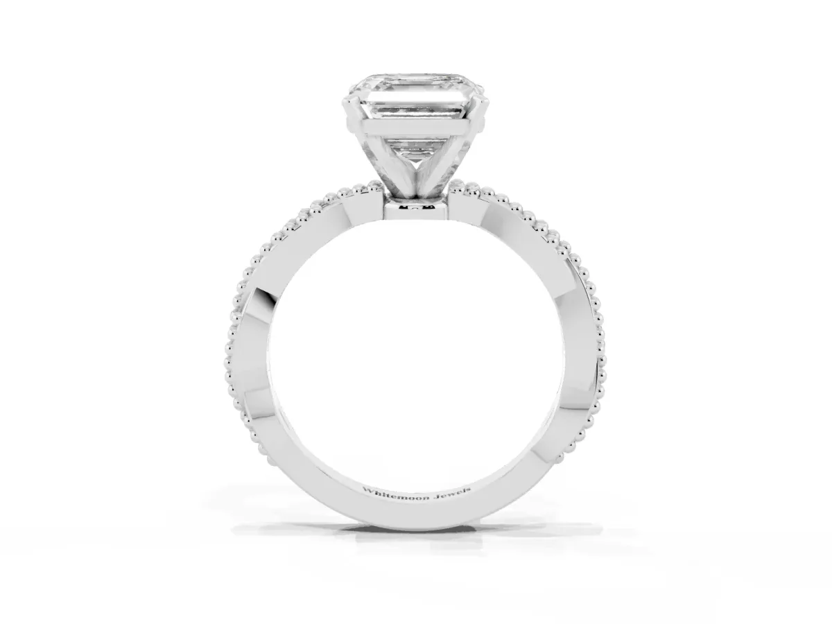 Asscher Cut Solitaire Twisted Band with Bead Prong Setting White gold