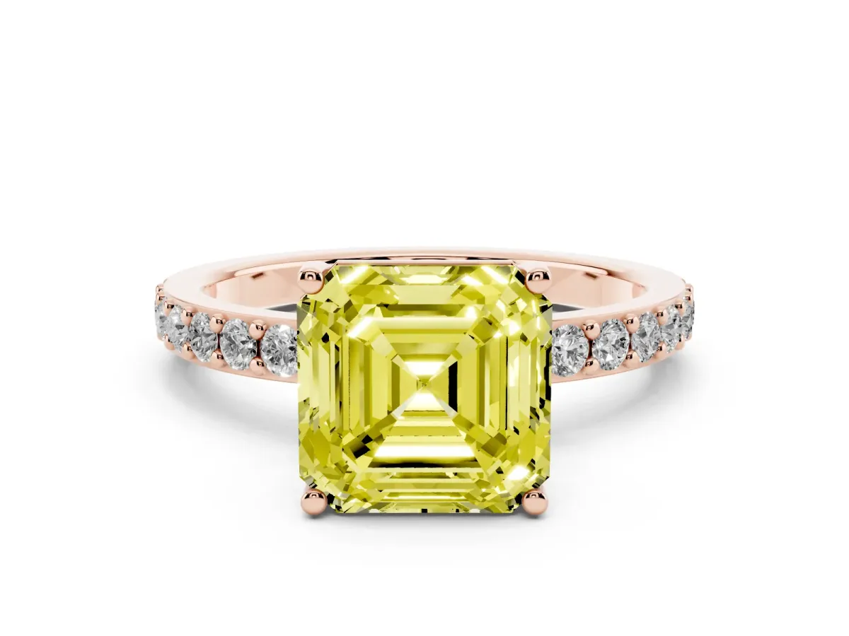 Fancy Yellow Asscher Cut Cut Diamond Solitaire with Pave Band and Four-Prong Setting Rose gold