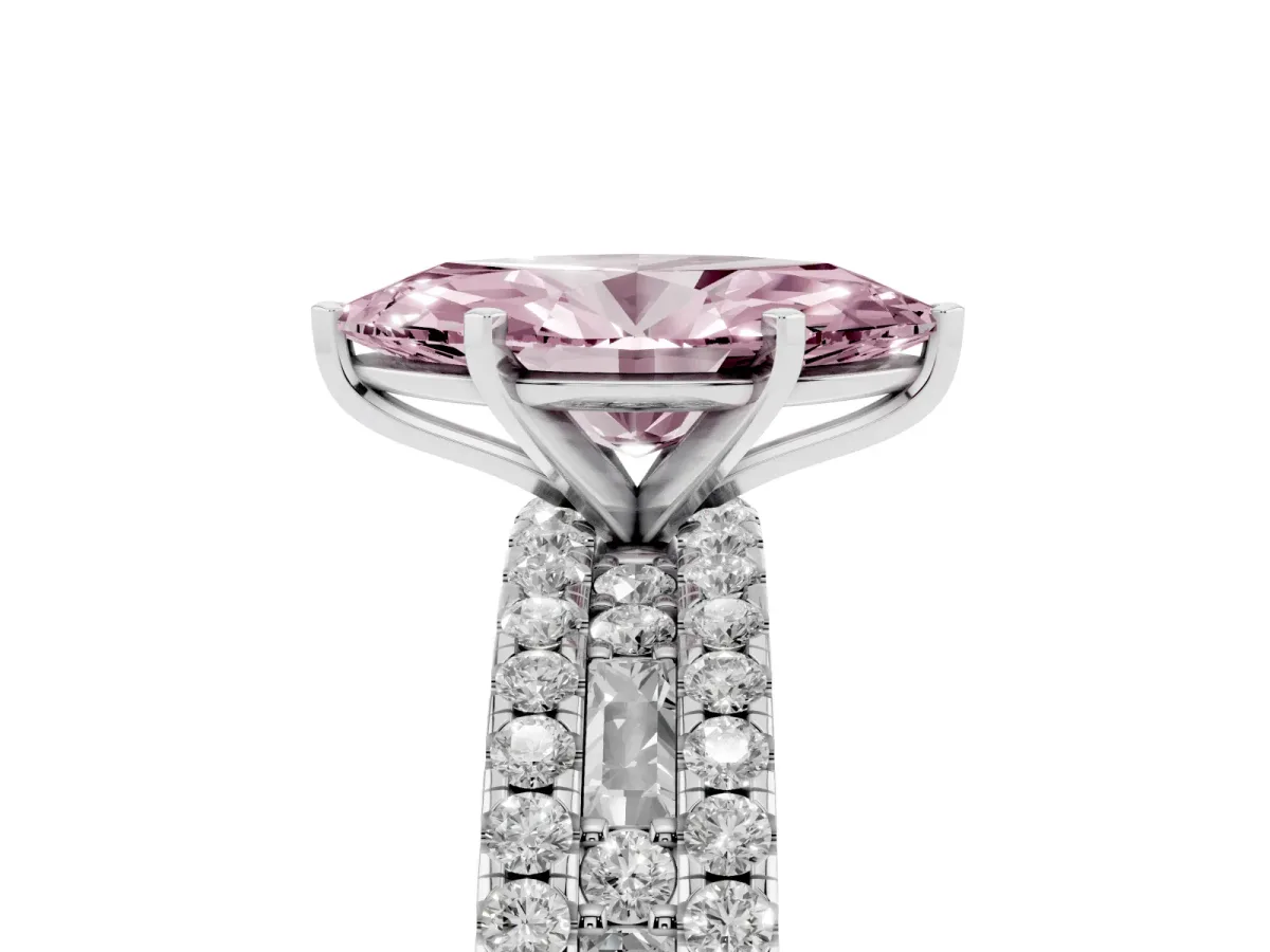 Fancy Pink Marquise Cut Diamond Solitaire Ring with Pavé and Channel Set Band Platinum
