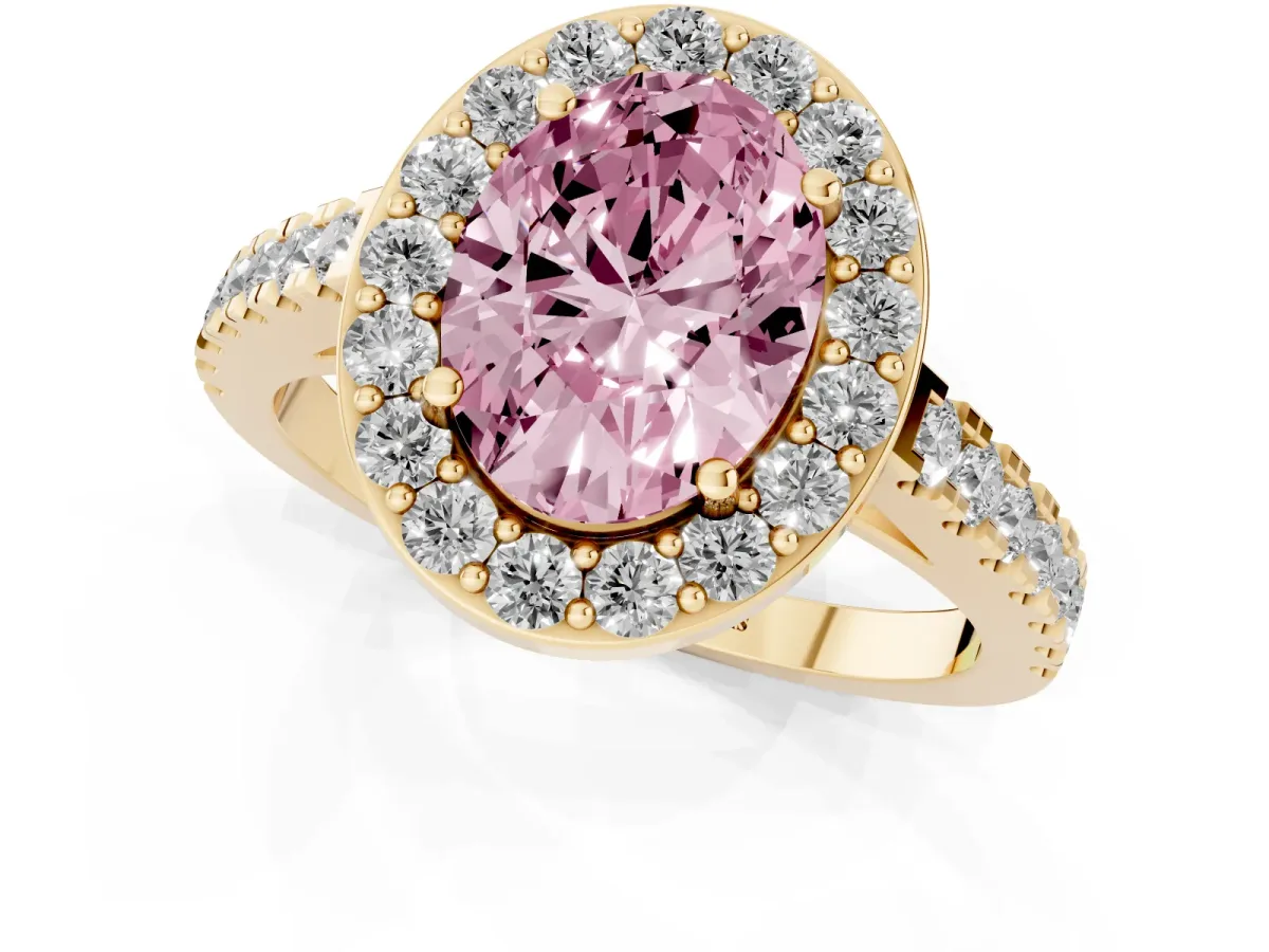 Fancy Pink Oval Cut Diamond Halo Ring with Round Pavé Split Shank and Prong Setting Yellow gold