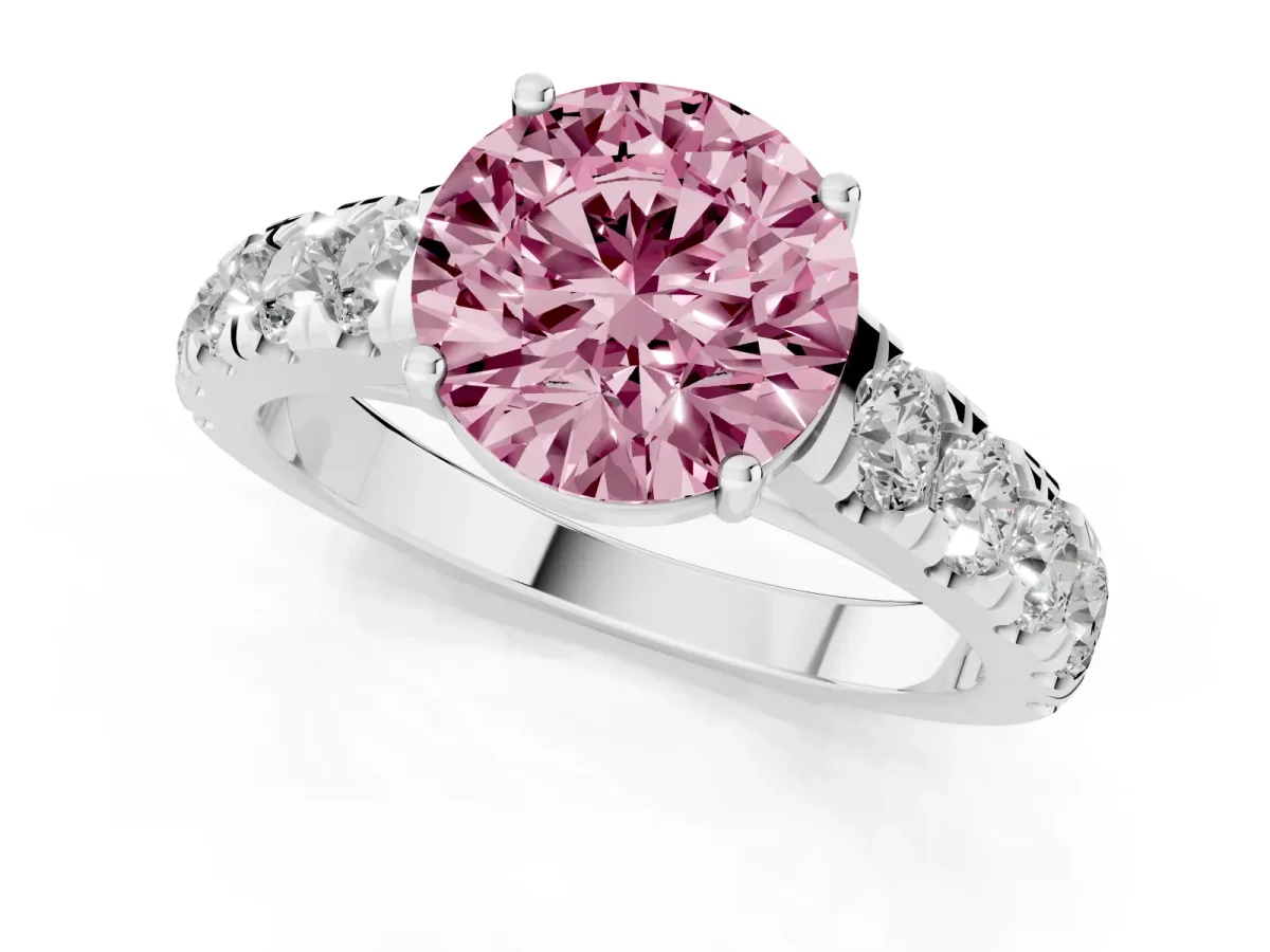 Fancy Pink Round Cut Cut Diamond Solitaire Ring with Micro Pave Band and Prong Setting Silver