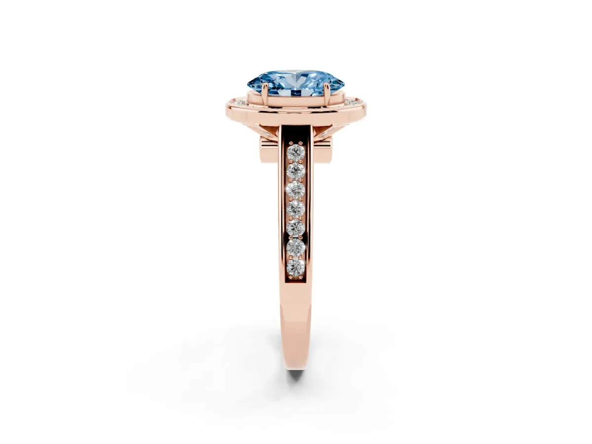 Fancy Blue Oval Cut Halo Solitaire Diamond Ring with Pave Band and Bezel Setting Rose gold