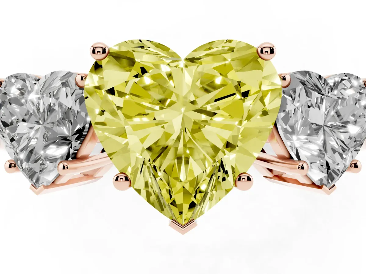 Fancy Yellow Three-Stone Heart Cut Cut Diamond Engagement Ring with Flat Band and Four-Prong Setting Rose gold