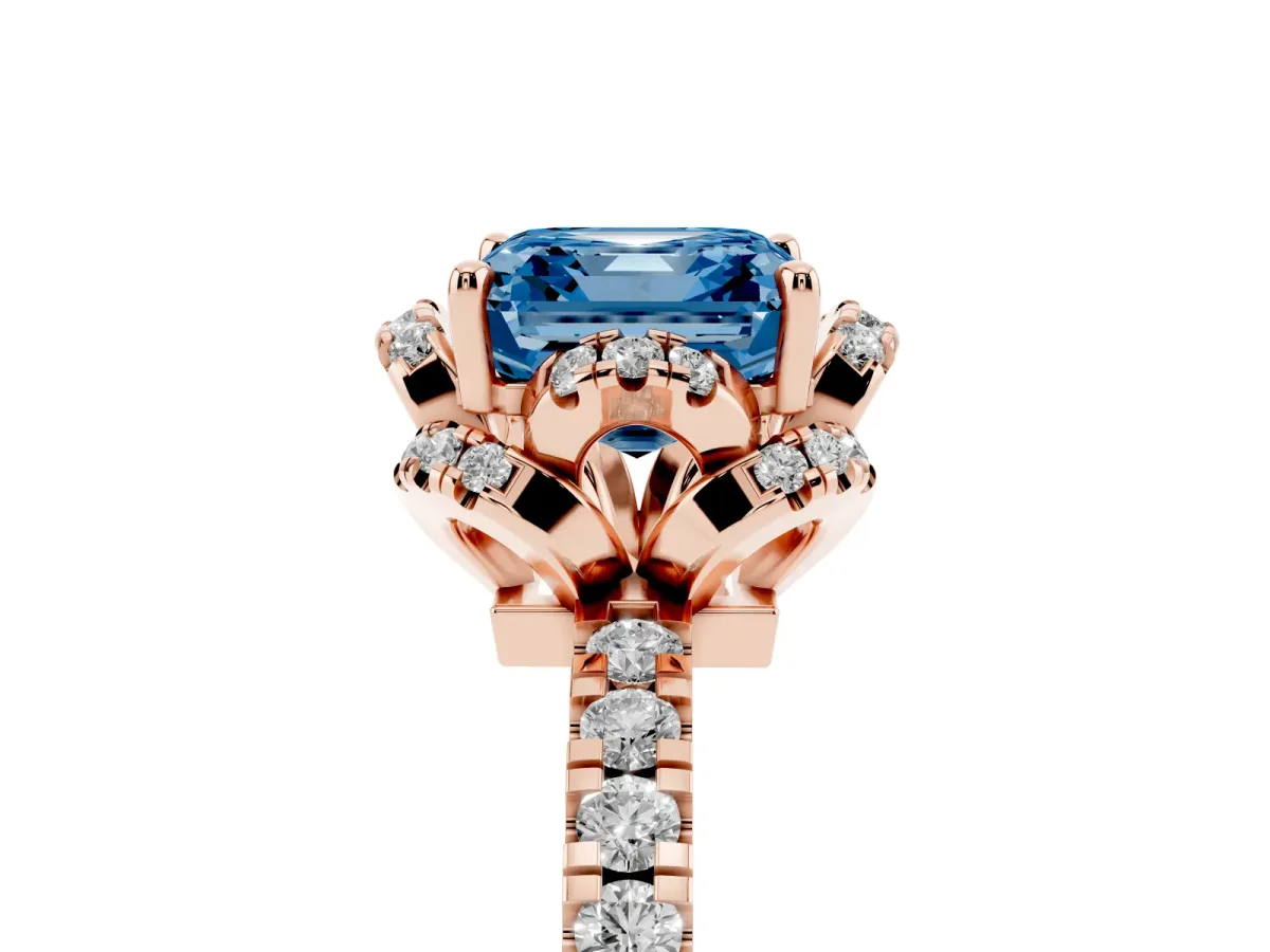 Fancy Blue Asscher Cut Diamond Halo Pave Band with Four-Prong Setting Rose gold