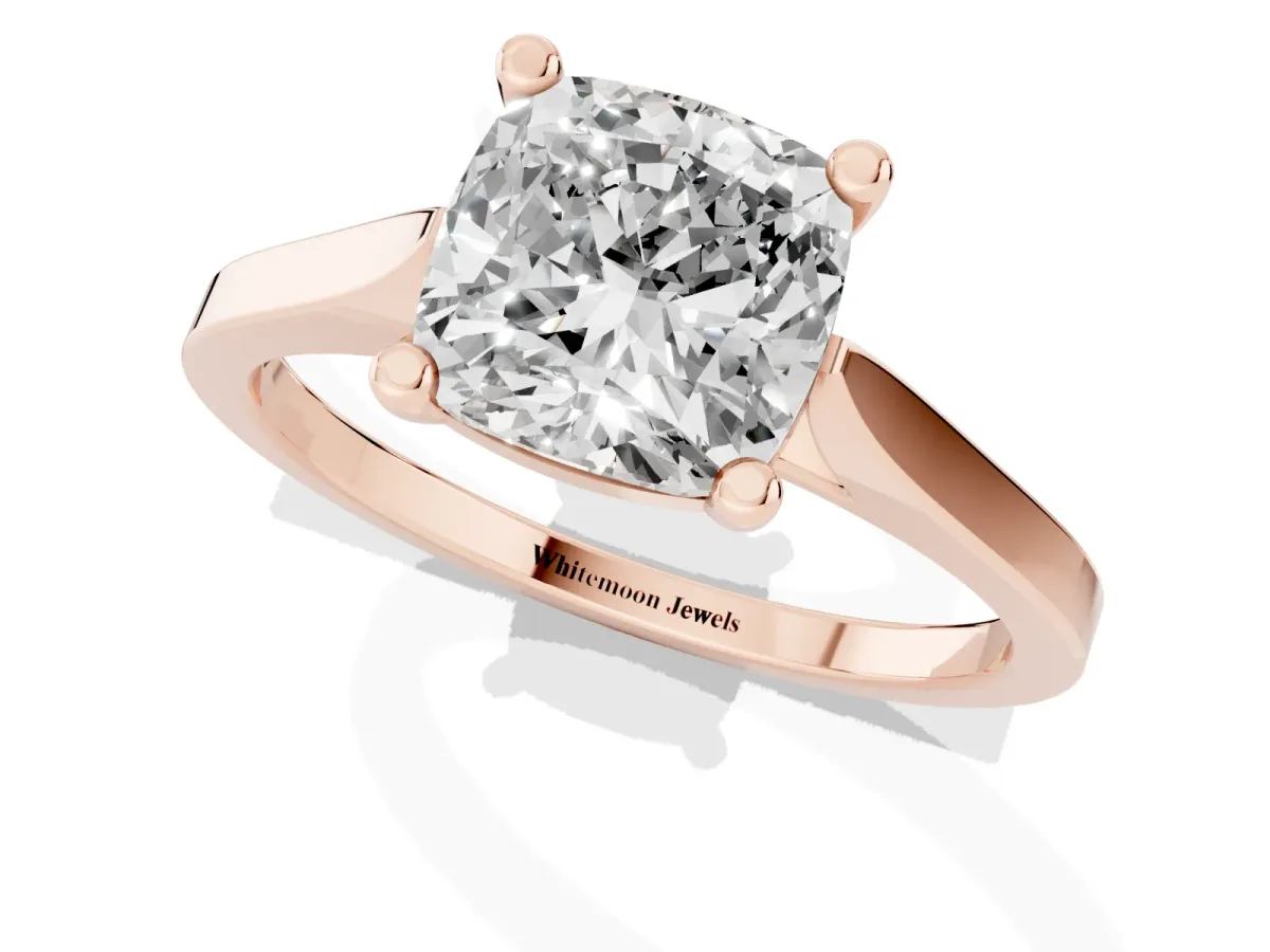 Cushion Cut Solitaire Diamond Ring with Four-Prong Setting and Tapered Band Rose gold
