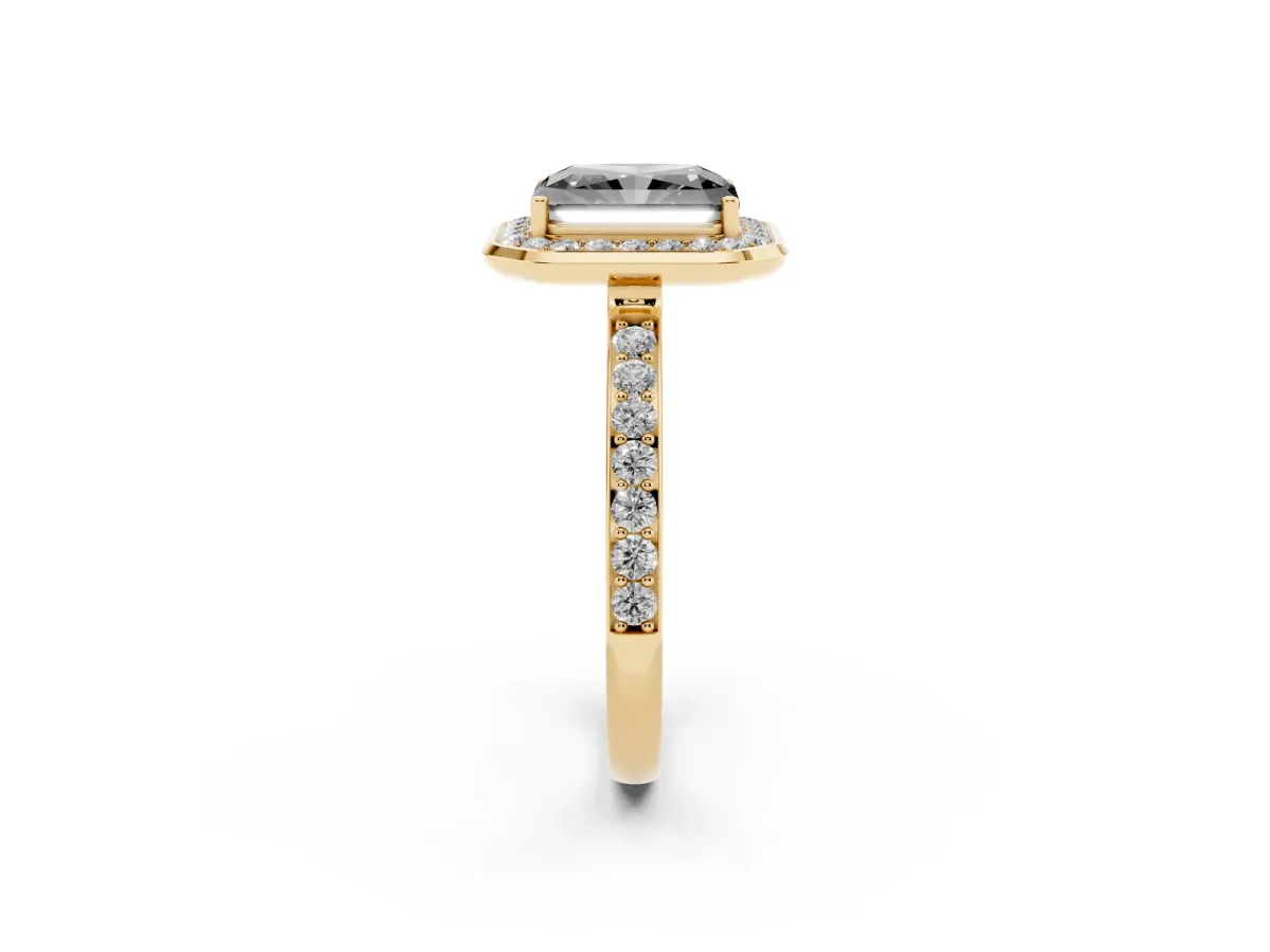 Fancy Black Radiant Cut Diamond Halo Ring with Bezel Frame and Pavé Band Yellow gold