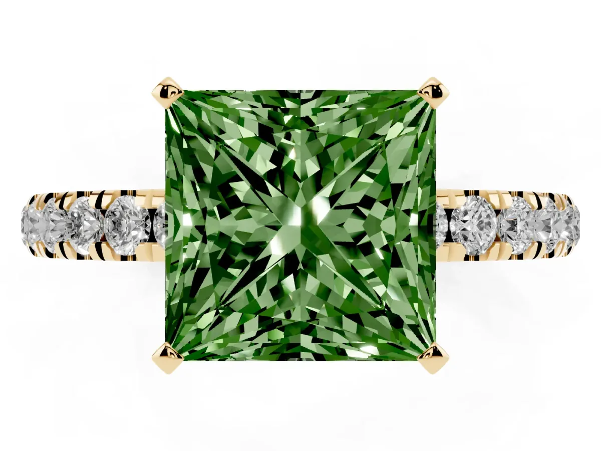 Fancy Green Princess Cut Diamond Solitaire Ring with Pavé Accents and Four-Prong Setting Yellow gold