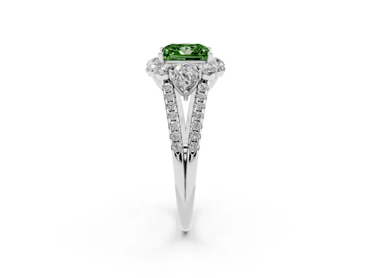 Fancy Green Princess Cut Halo Split Shank Diamond Engagement Ring with Prong Setting Silver