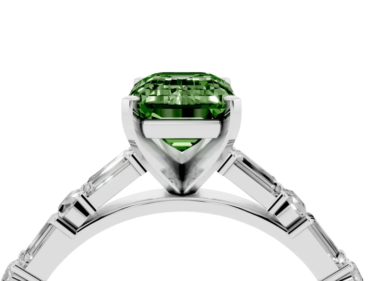 Fancy Green Emerald Cut Diamond Solitaire with Side Baguettes and Channel Set Band Platinum