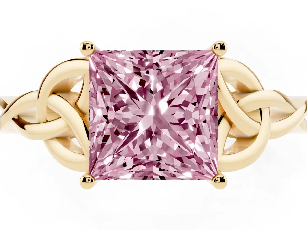 Fancy Pink Princess Cut Diamond Solitaire Engagement Ring with Celtic Knot Band and Four-Prong Setting Yellow gold