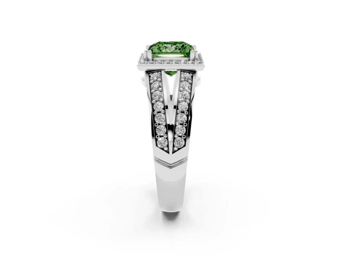 Fancy Green Princess Cut Diamond Halo Ring with Split Shank Pavé Band and Four-Prong Setting Platinum