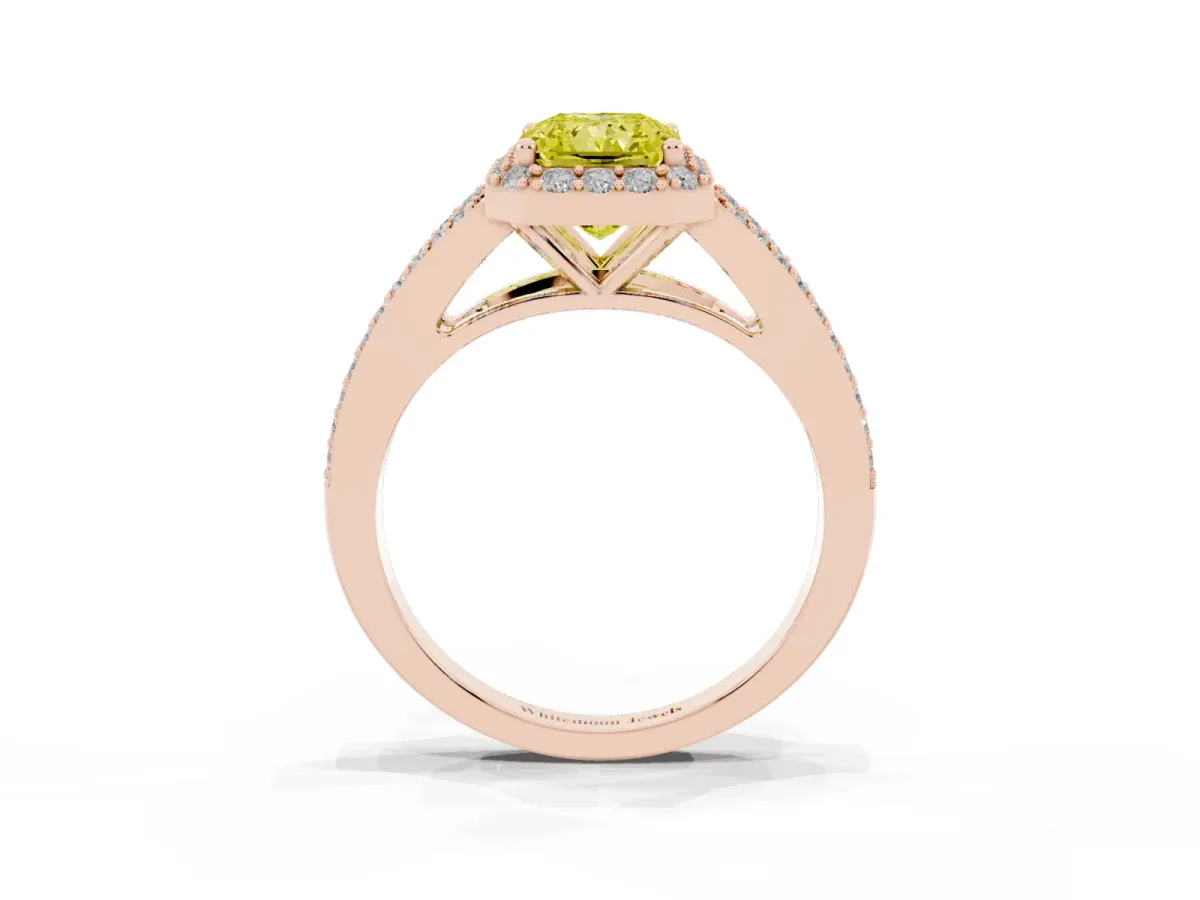 Fancy Yellow Radiant Cut Halo Split Shank Pave Diamond Ring with Four-Prong Setting Rose gold
