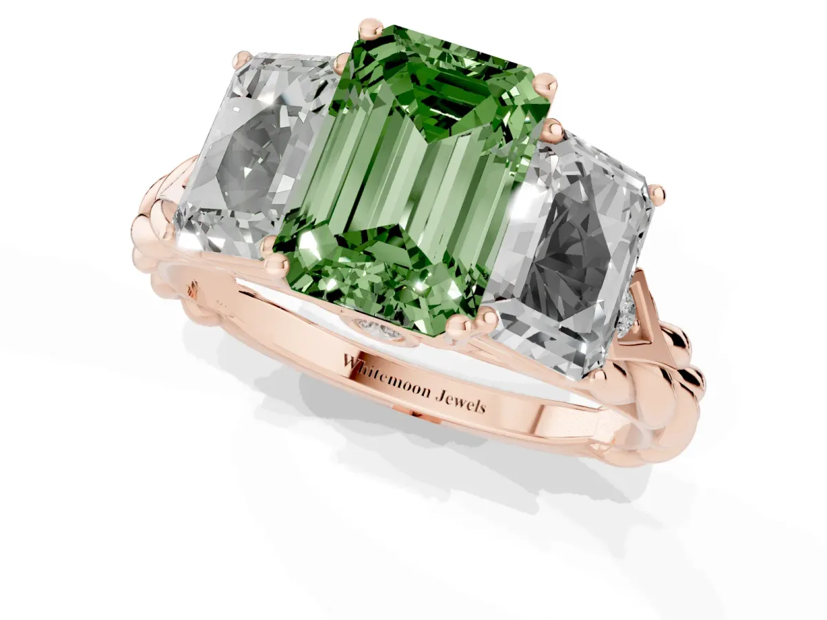 Fancy Green Three-Stone Radiant Cut Diamond Braided Band Ring with Four-Prong Setting Rose gold