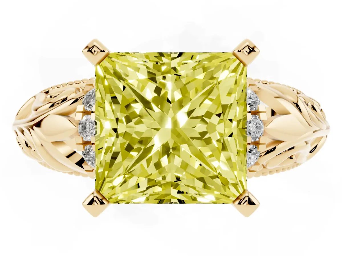 Fancy Yellow Princess Cut Solitaire Filigree Engagement Ring with Halo and Prong Setting Yellow gold