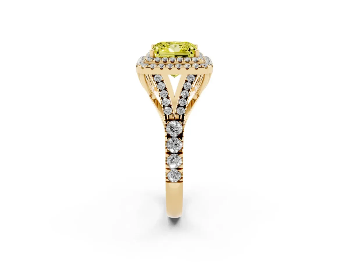 Fancy Yellow Double Halo Princess Cut Diamond Split Shank Engagement Ring with Four-Prong Setting Yellow gold