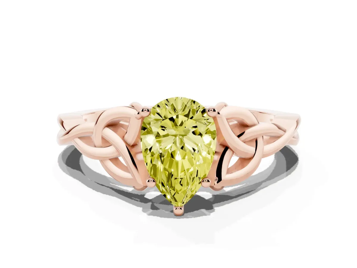 Fancy Yellow Pear Cut Diamond Solitaire Engagement Ring with Celtic Knot Band and Four-Prong Setting Rose gold