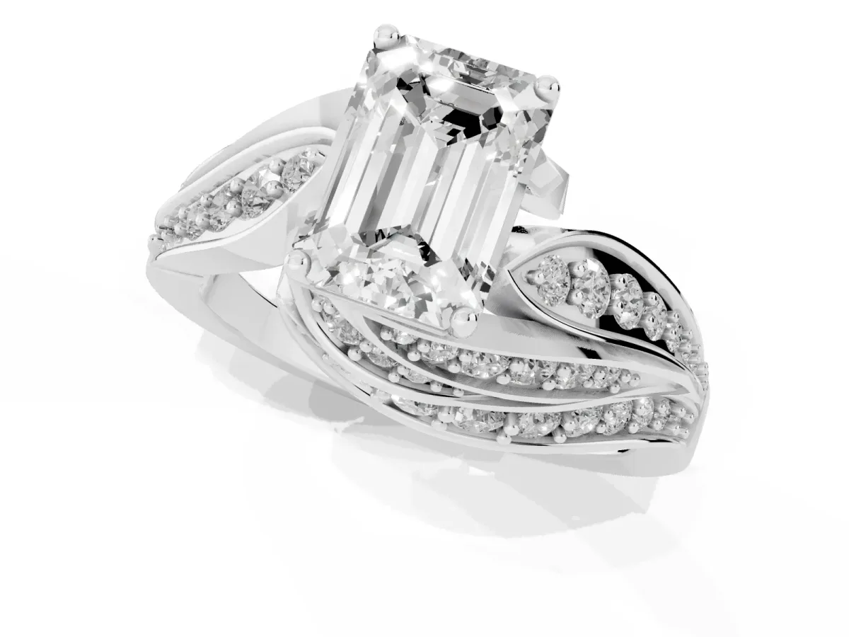 Emerald Cut Diamond Solitaire Ring with Prong Setting and Twisted Pavé Band Silver