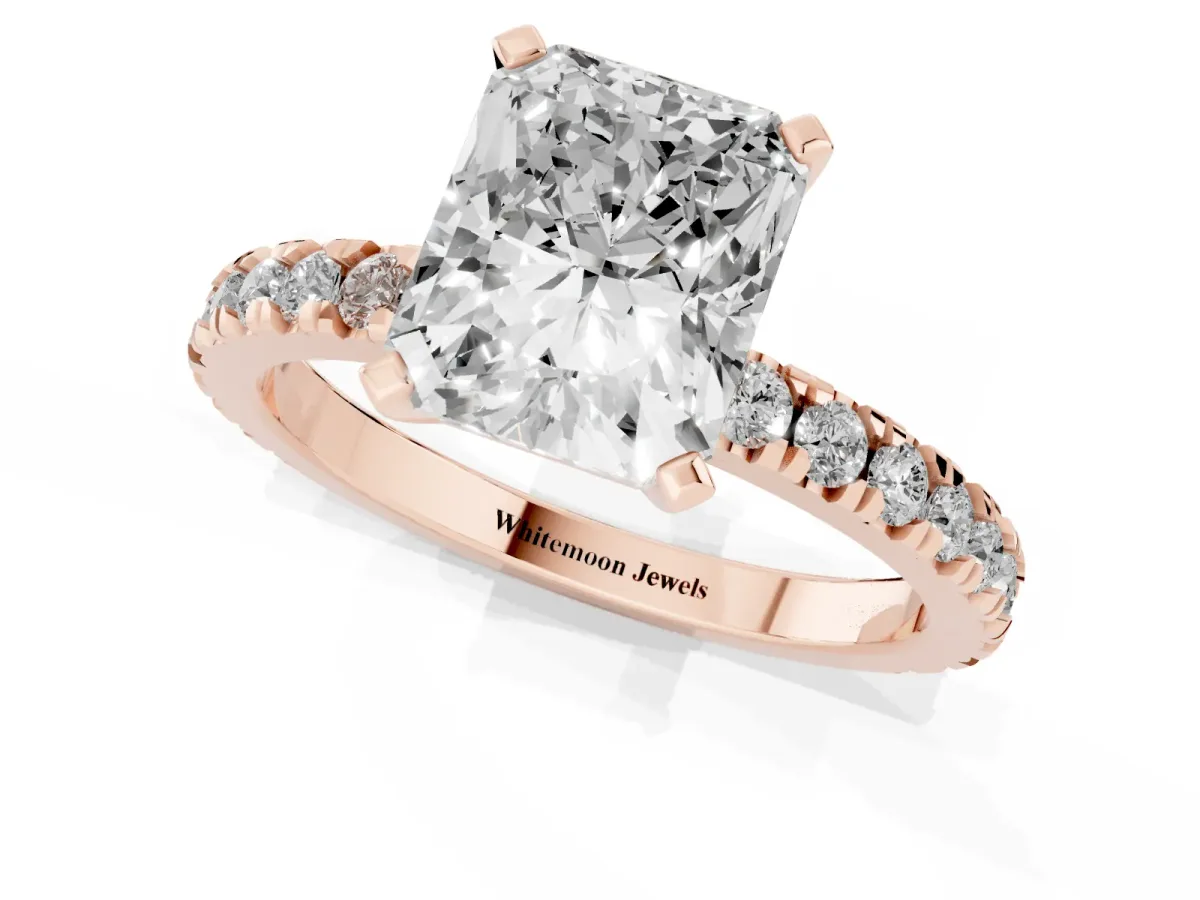 Radiant Cut Diamond Pavé Band Solitaire with Four-Prong Setting Rose gold