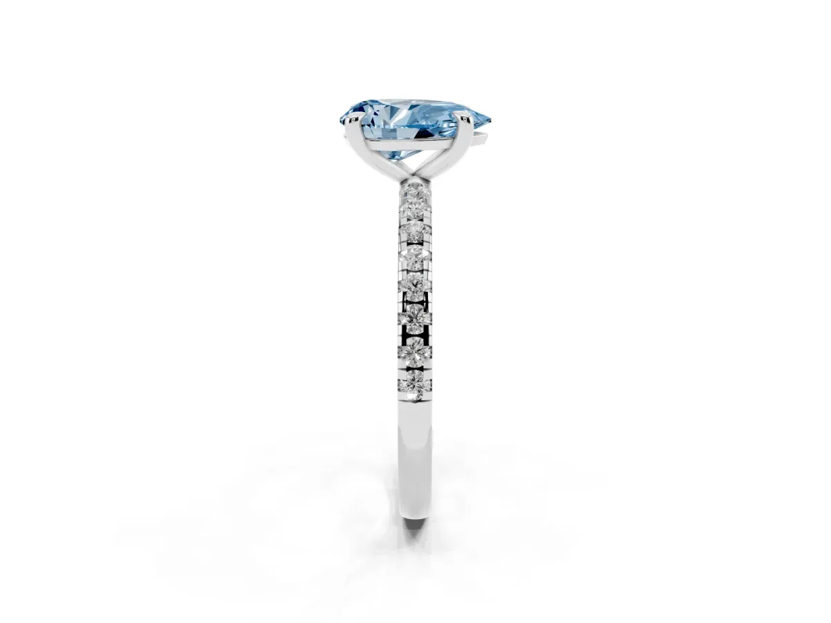 Fancy Blue Pear Cut Diamond Brilliant Solitaire Ring with Pavé Band and Four-Prong Setting Silver