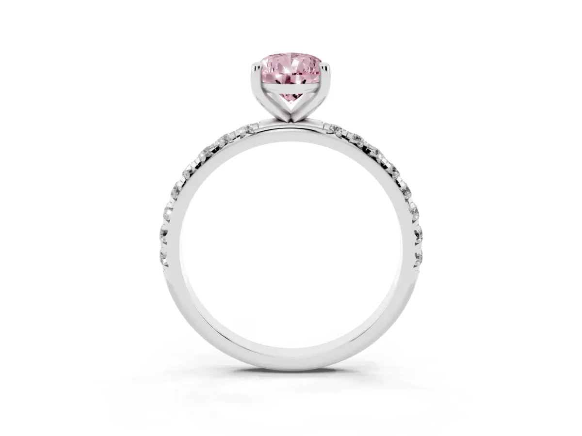 Fancy Pink Pear Cut Cut Diamond Solitaire Ring with Micro Pave Band and Four Prong Setting Silver
