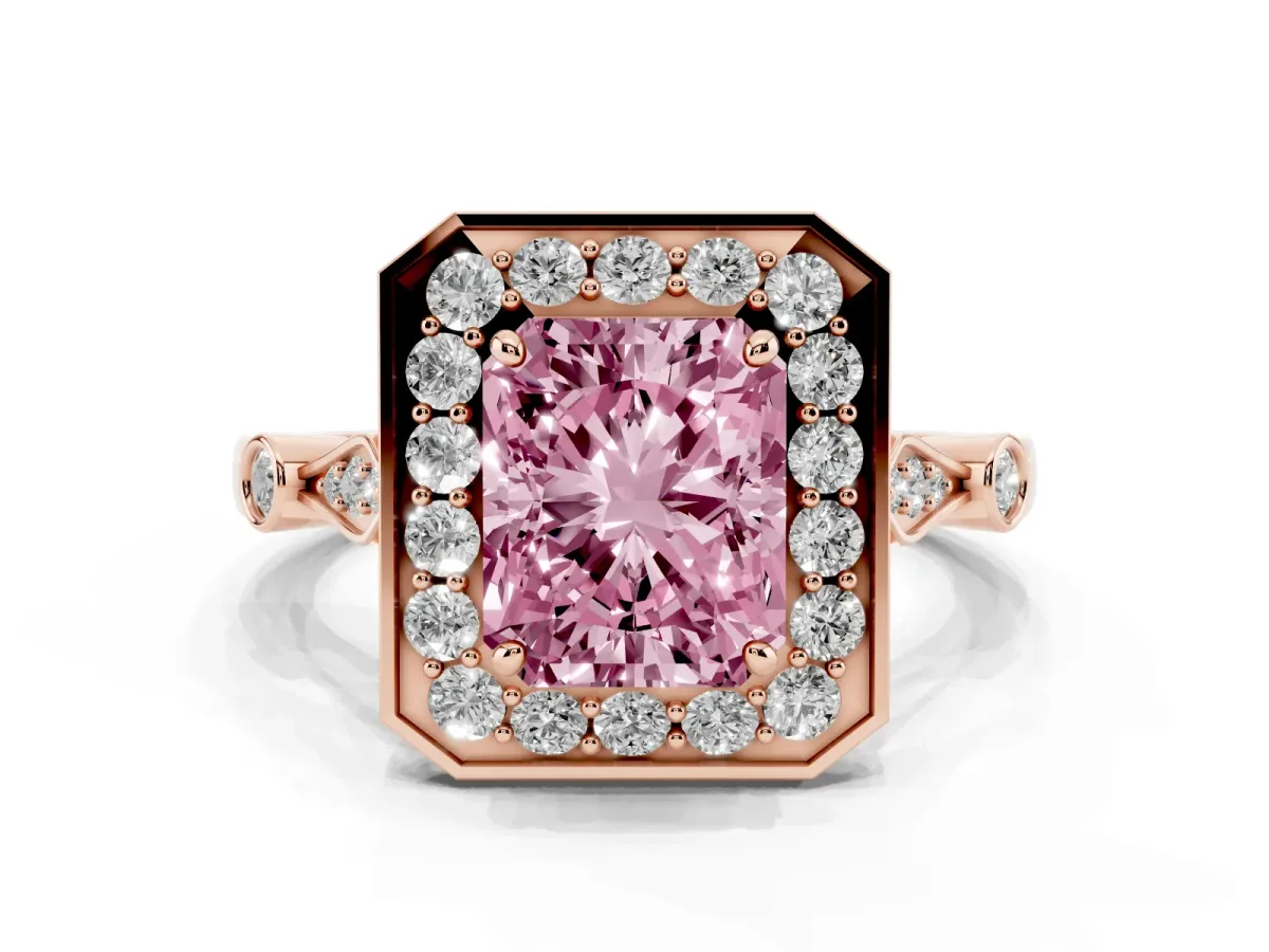 Fancy Pink Radiant Cut Halo Diamond Engagement Ring with Twisted Band and Four-Prong Setting Rose gold