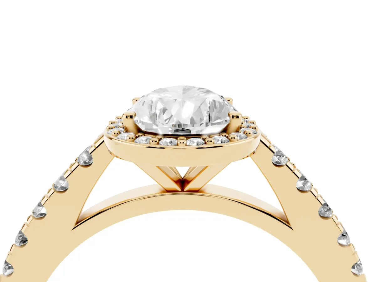 Pear Cut Cut Halo Diamond Engagement Ring with Pave Band and Four-Prong Setting Yellow gold