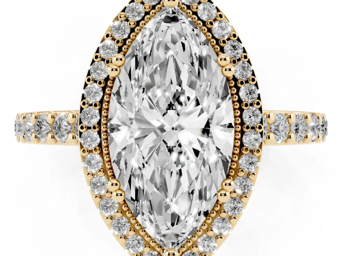 Marquise Cut Cut Diamond Halo Engagement Ring with Milgrain Detail and Pavé Band Yellow gold