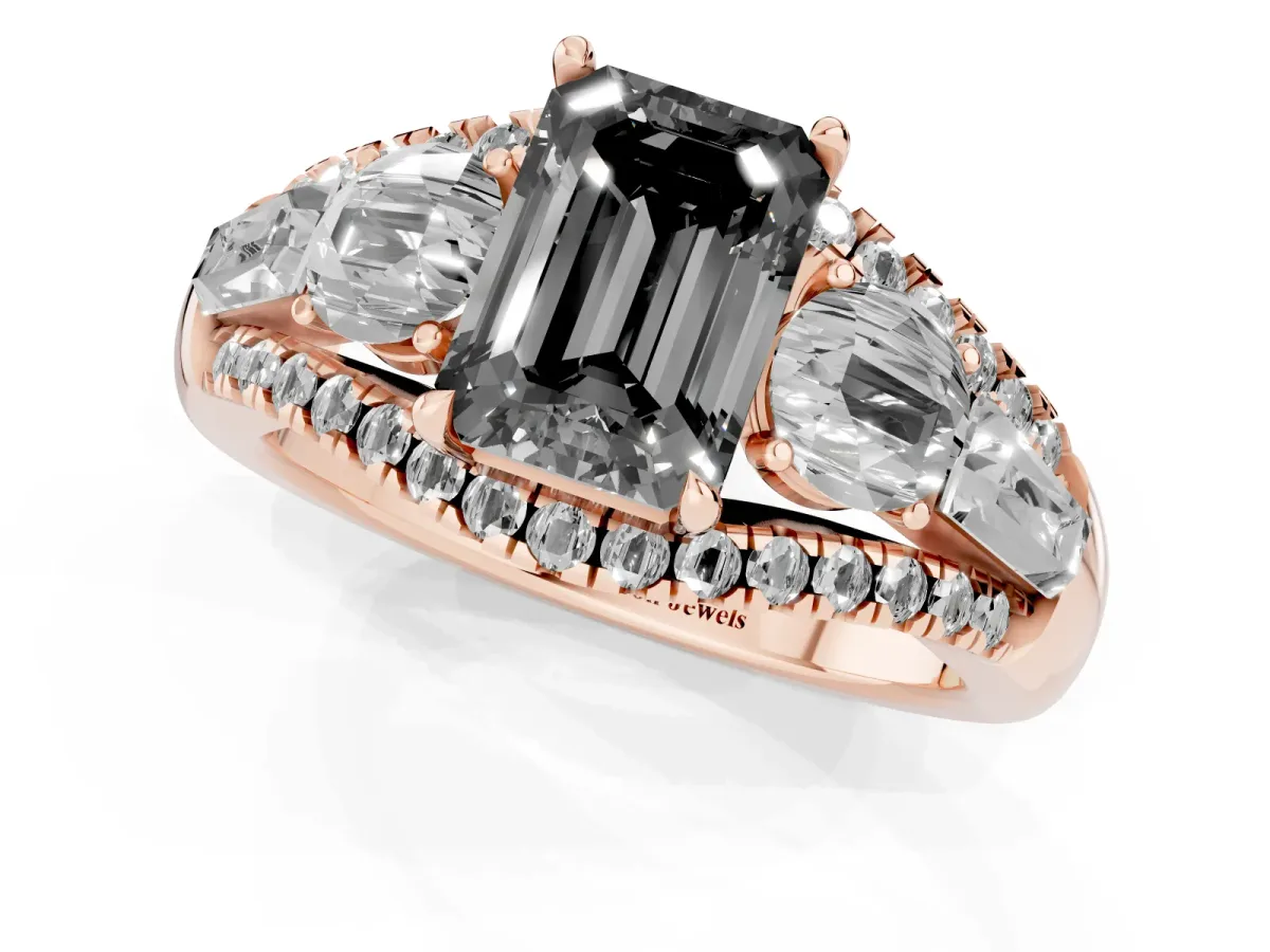 Fancy Black Three-Stone Emerald Cut Diamond Engagement Ring with Pave Band and Prong Setting Rose gold