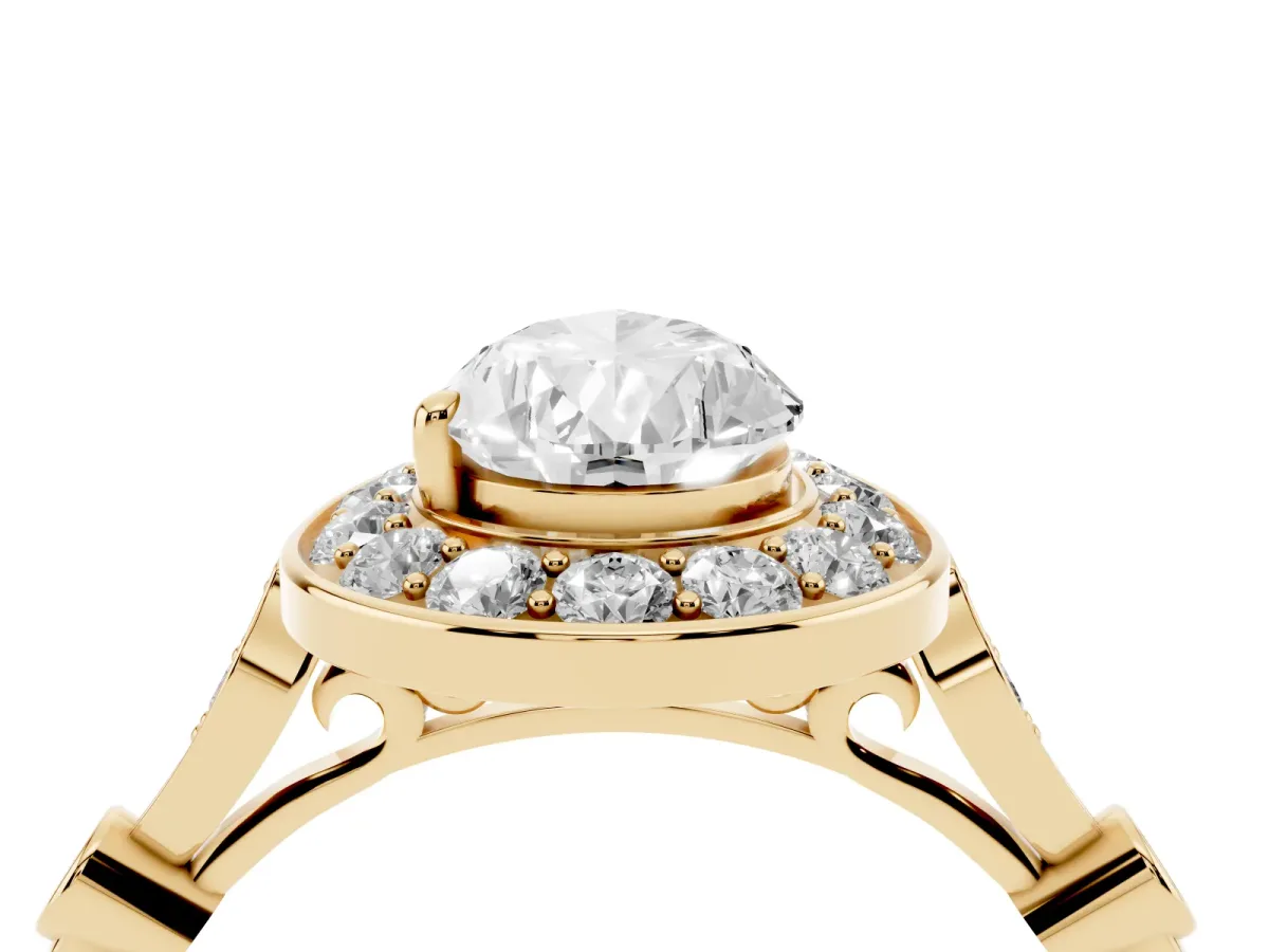 Pear Cut Halo Diamond Engagement Ring with Twisted Band and Four-Prong Setting Yellow gold