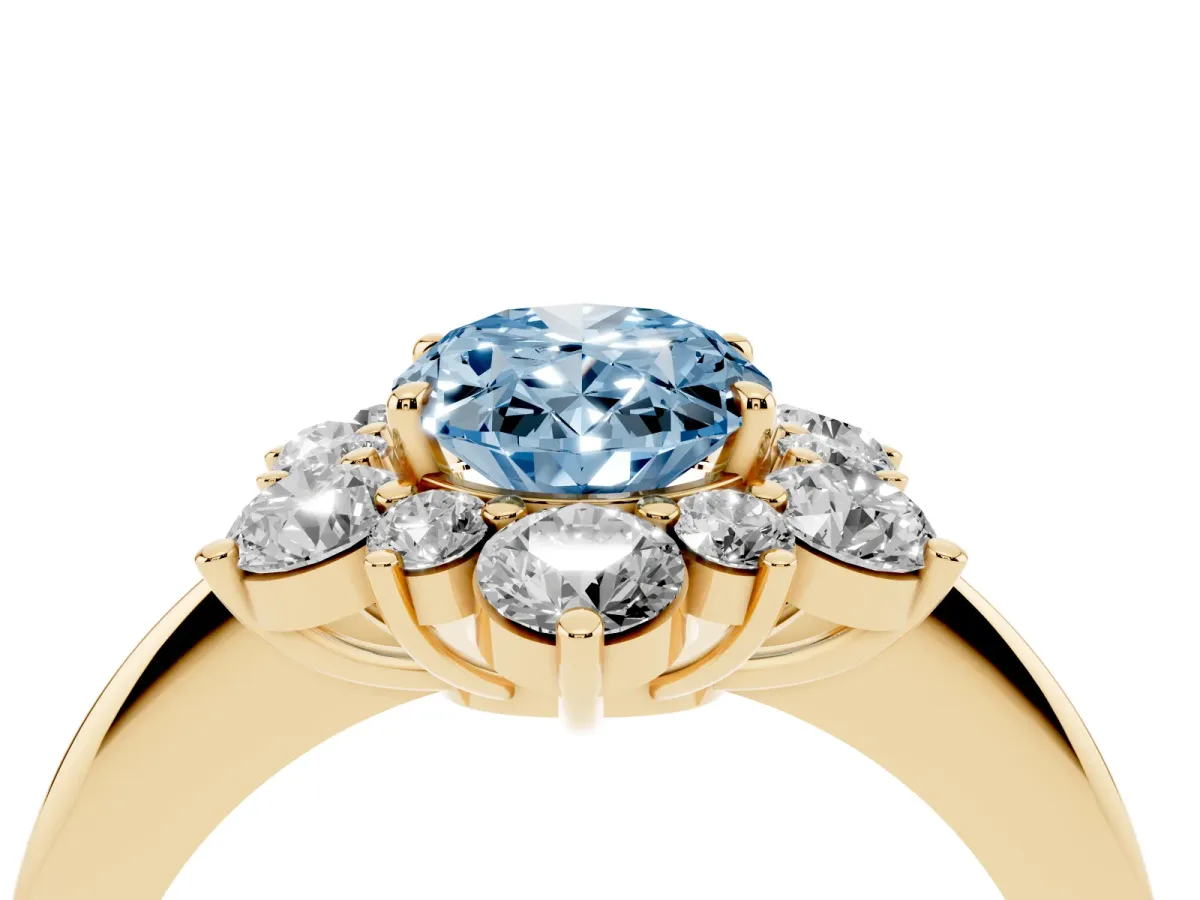 Fancy Blue Oval Cut Diamond Cluster Halo Ring with Solitaire Band and Four-Prong Setting Yellow gold
