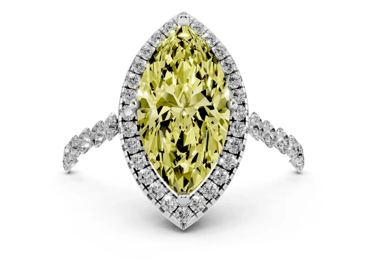 Fancy Yellow Marquise Cut Halo Pavé Diamond Engagement Ring with Four-Prong Setting Platinum