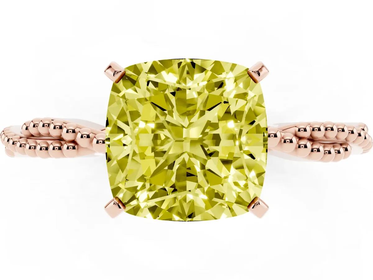 Fancy Yellow Cushion Cut Solitaire Twisted Band with Bead Prong Setting Rose gold