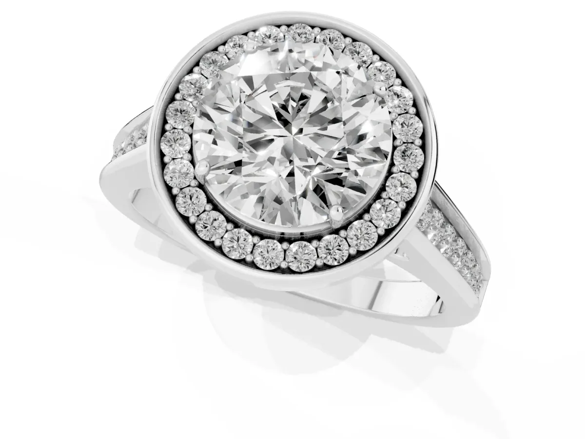Round Cut Halo Solitaire Diamond Ring with Pave Band and Bezel Setting Silver