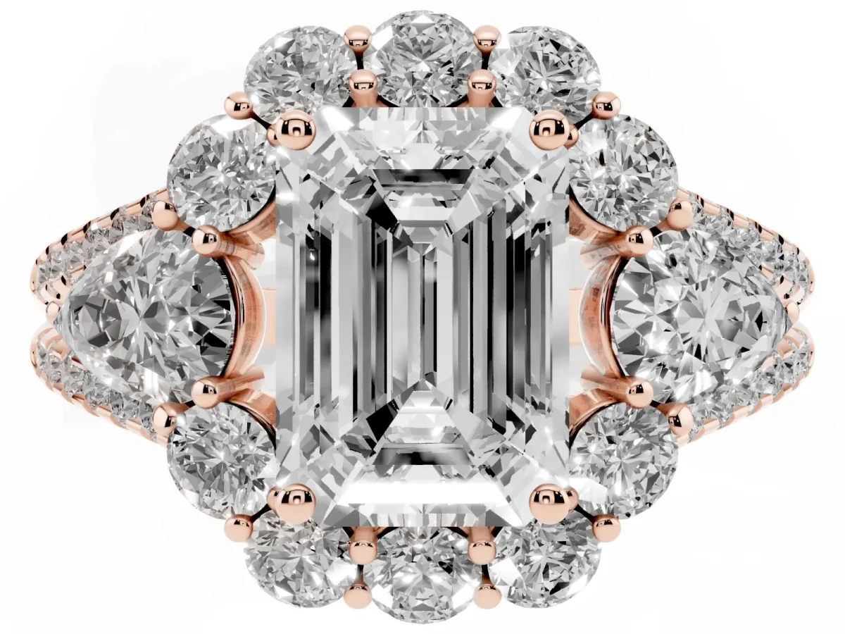 Emerald Cut Halo Split Shank Diamond Engagement Ring with Prong Setting Rose gold