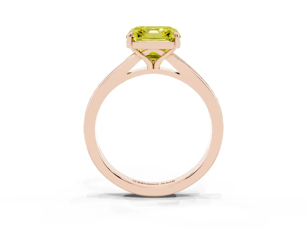 Fancy Yellow Asscher Cut Diamond Solitaire Ring with Pavé Band and Prong Setting Rose gold