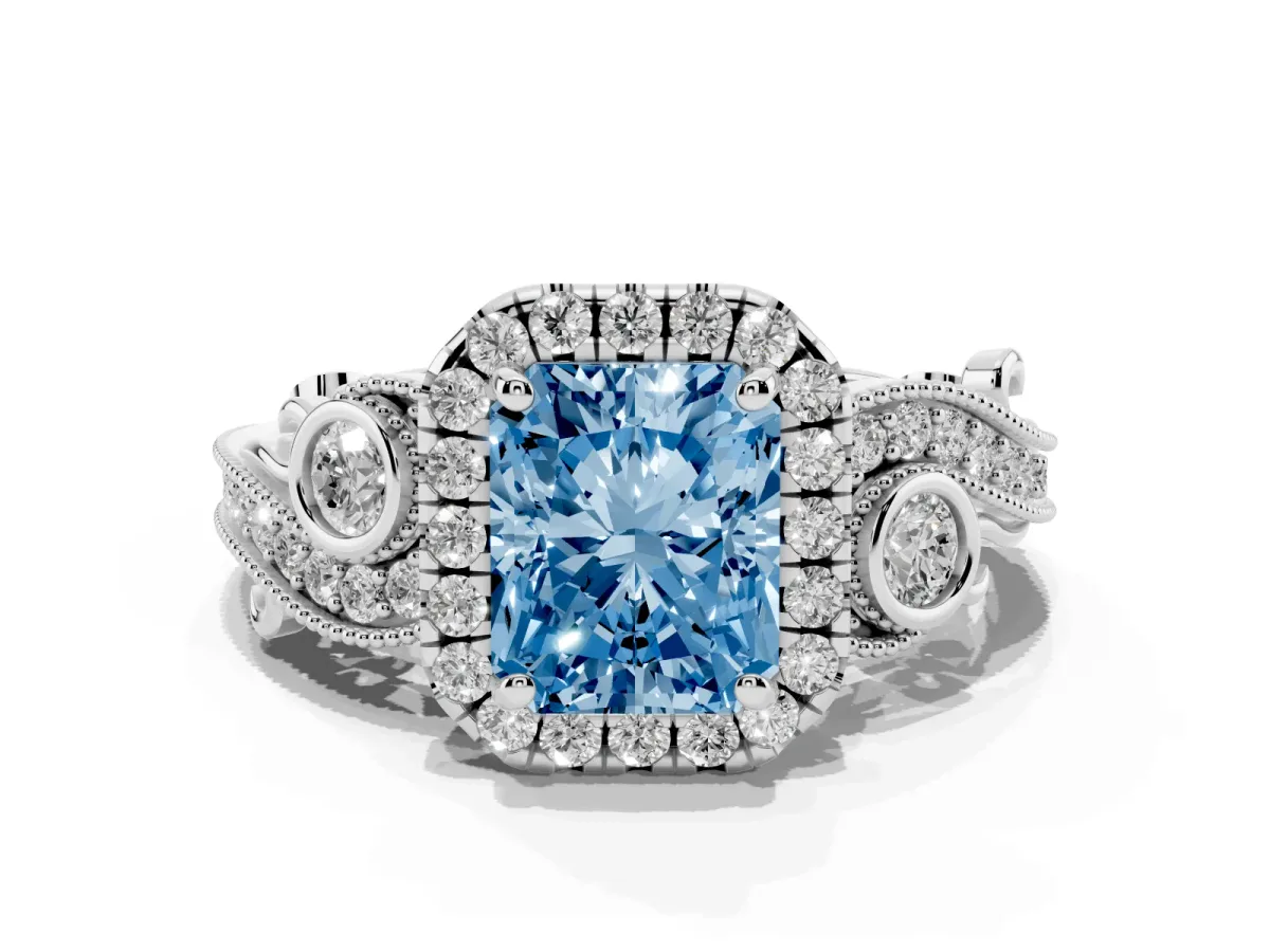 Fancy Blue Radiant Cut Diamond Halo Ring with Milgrain Pavé Band and Four-Prong Setting Silver