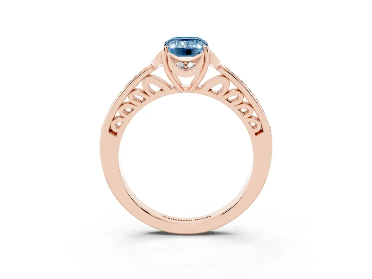 Fancy Blue Emerald Cut Cut Halo Diamond Ring with Channel Set Band and Four-Prong Setting Rose gold